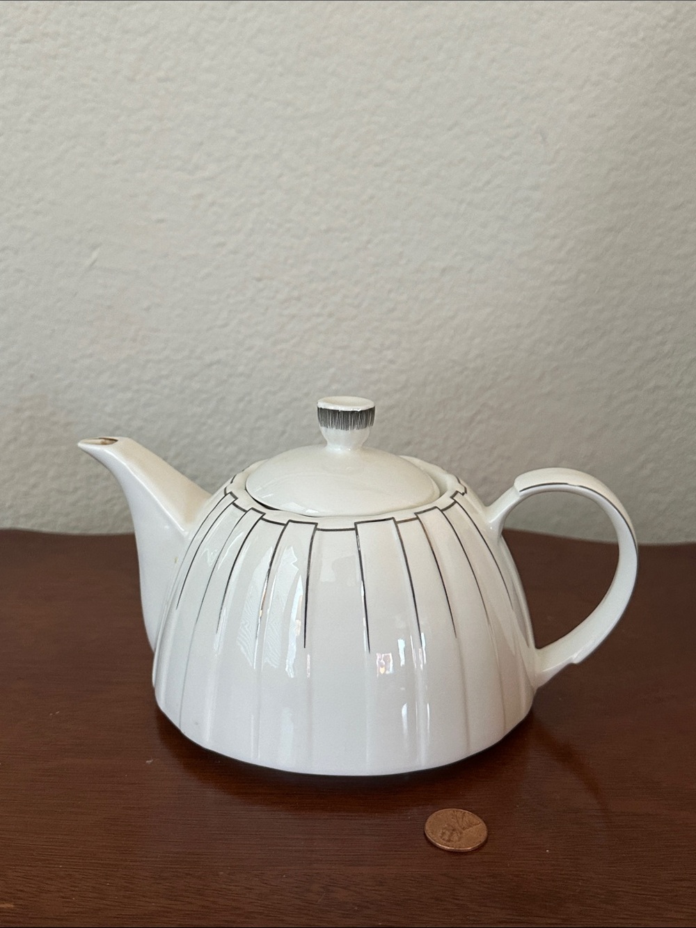 White Ceramic Teapot with Gray Stripe Detailing